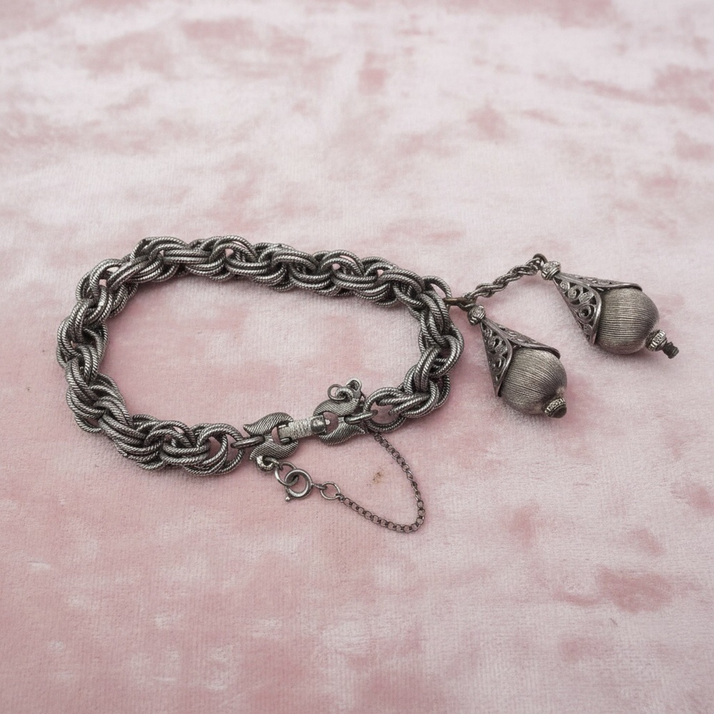 Vintage Monet Bolero Bracelet, Silver Tone Charm Bracelet, Dangling Textured Bal
